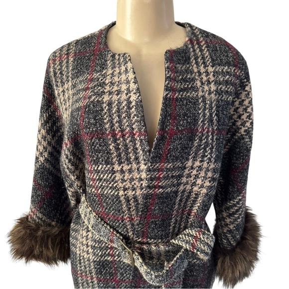 Vintage Y2K Echo Brown Wool Blend Plaid Overcoat Faux Fur Cuffs Wrap‎ Jacket M/L - Picture 2 of 15
